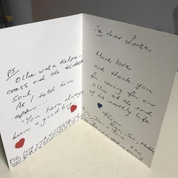 pet owner feedback thankyou card from Ollie