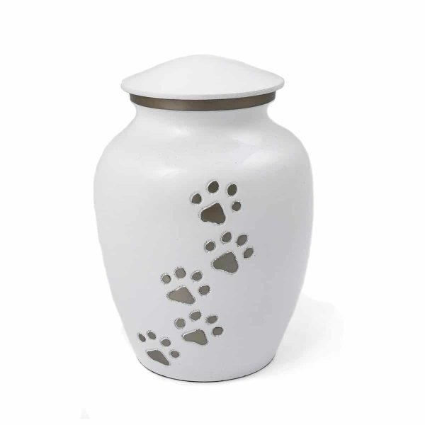 white brass pet cremation with paw prints