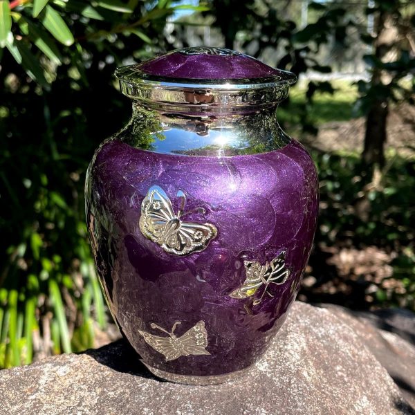 purple silver pet cremation urn outside